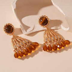 Maillard Style Diamond-encrusted Tiger Eye Crystal Tassel Silver Pin Earrings