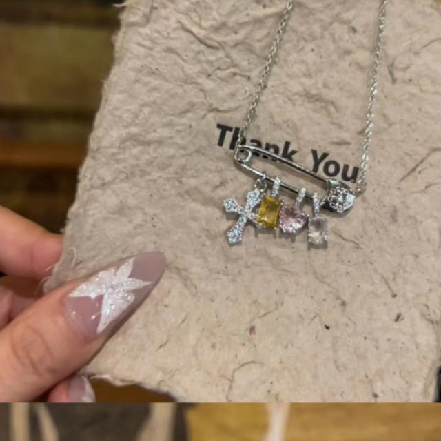 New Pink Blue Cross Zircon paper clip Necklace Female Candy Color Love Pendant Necklace