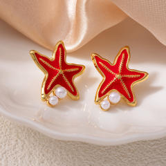 Color enamel starfish pearl bead stainless steel earrings