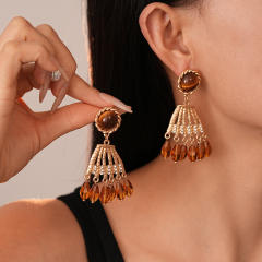 Maillard Style Diamond-encrusted Tiger Eye Crystal Tassel Silver Pin Earrings