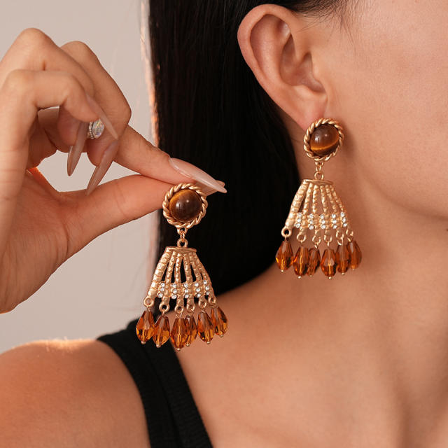 Maillard Style Diamond-encrusted Tiger Eye Crystal Tassel Silver Pin Earrings