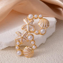 Color enamel starfish pearl bead stainless steel earrings