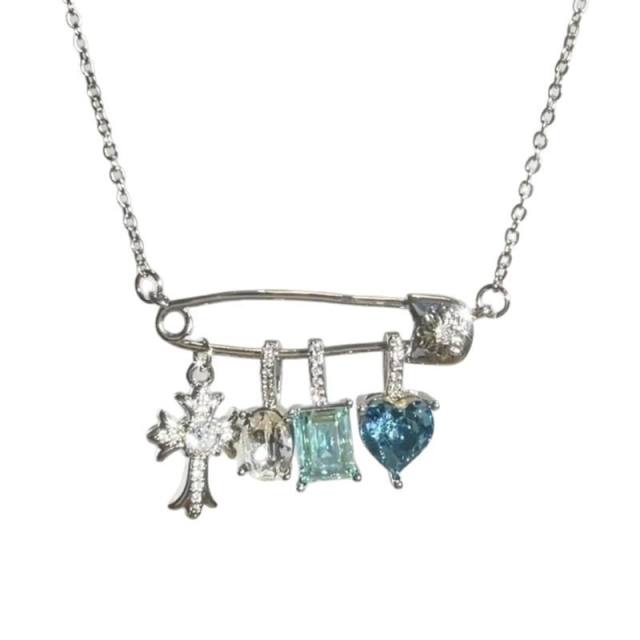 New Pink Blue Cross Zircon paper clip Necklace Female Candy Color Love Pendant Necklace