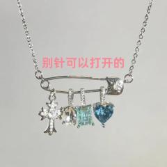New Pink Blue Cross Zircon paper clip Necklace Female Candy Color Love Pendant Necklace