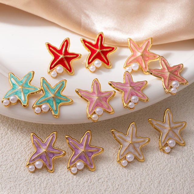 Color enamel starfish pearl bead stainless steel earrings