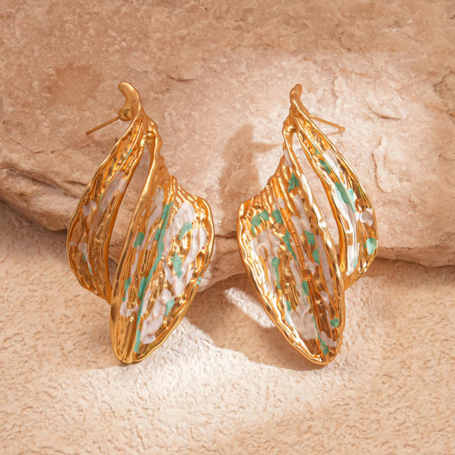 Metal Asymmetrical Pleated Leaf Silver Needle Earrings