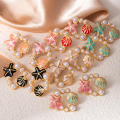 Color enamel starfish pearl bead stainless steel earrings