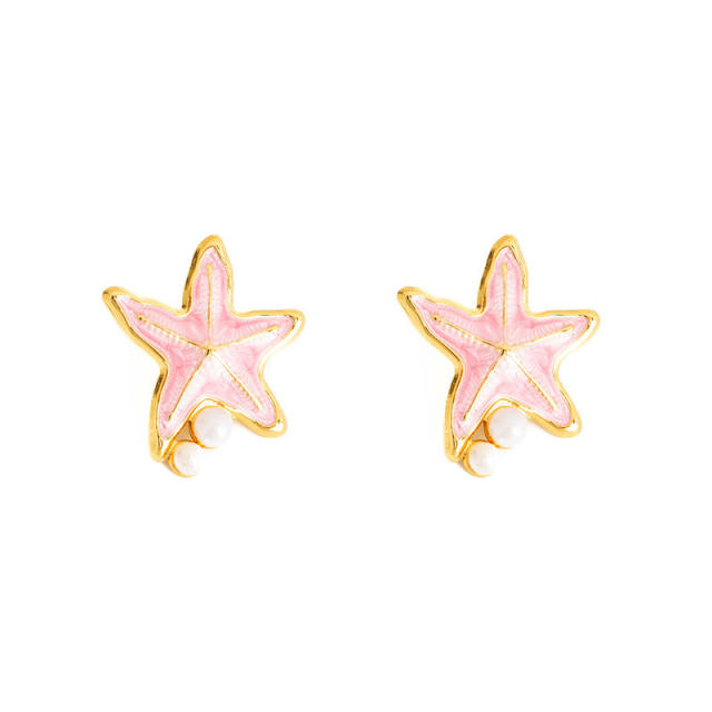Color enamel starfish pearl bead stainless steel earrings