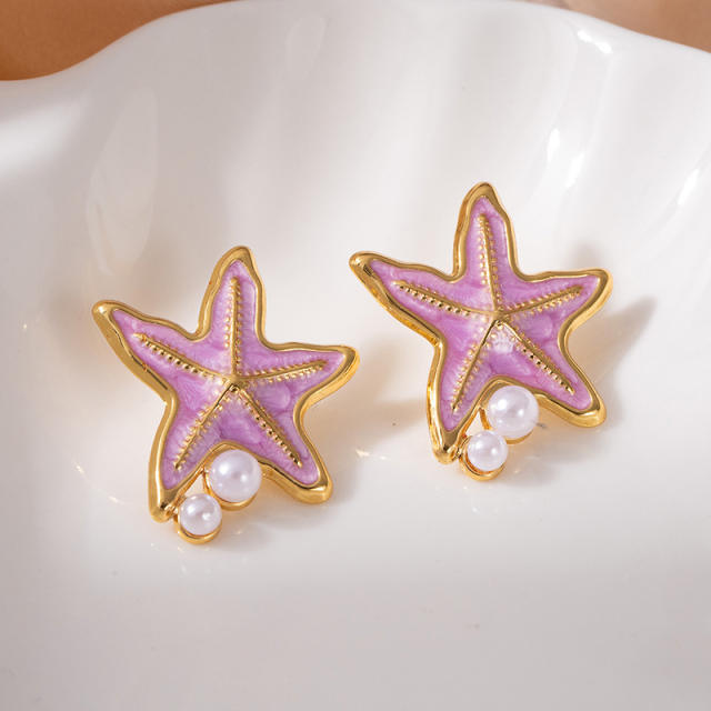 Color enamel starfish pearl bead stainless steel earrings