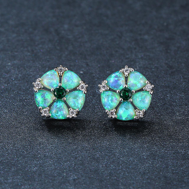 Colorful Opal Green Diamond Flower Earrings Cold Style studs earrings