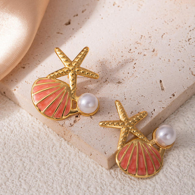 Color enamel starfish pearl bead stainless steel earrings