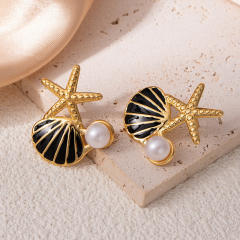 Color enamel starfish pearl bead stainless steel earrings