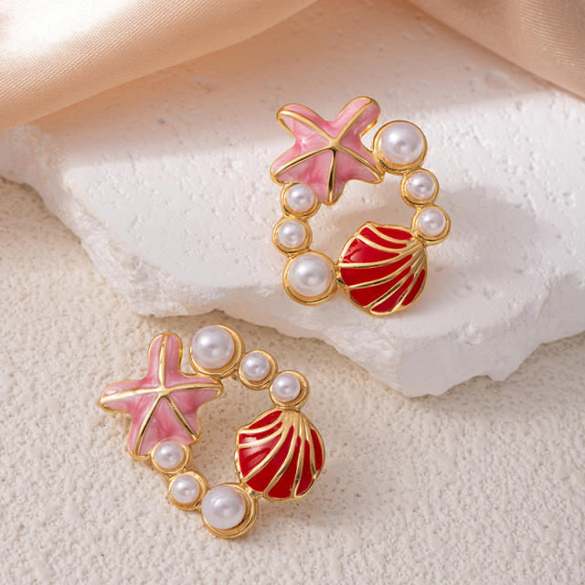 Color enamel starfish pearl bead stainless steel earrings