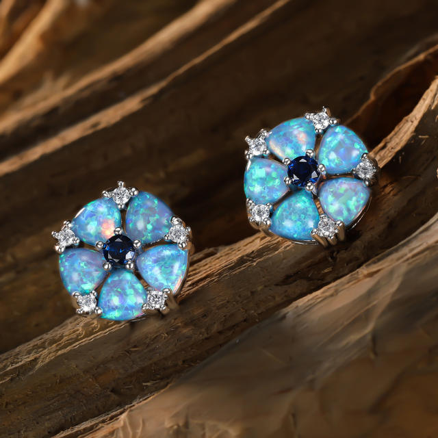Colorful Opal Green Diamond Flower Earrings Cold Style studs earrings