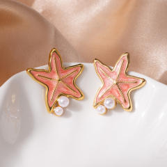 Color enamel starfish pearl bead stainless steel earrings