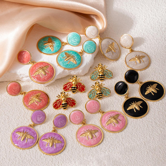Sweet color enamel bee stainless steel earrings