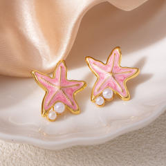 Color enamel starfish pearl bead stainless steel earrings