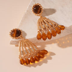 Maillard Style Diamond-encrusted Tiger Eye Crystal Tassel Silver Pin Earrings