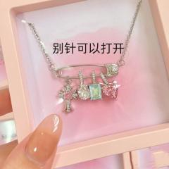 New Pink Blue Cross Zircon paper clip Necklace Female Candy Color Love Pendant Necklace