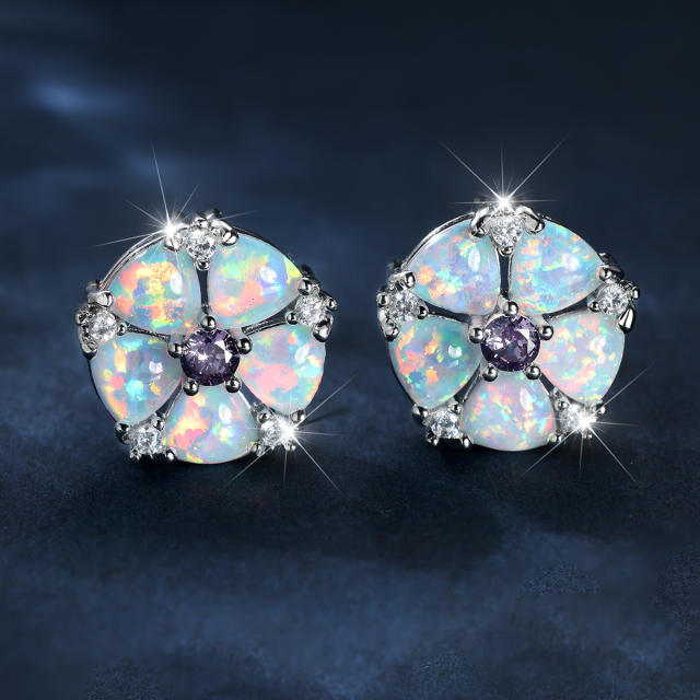 Colorful Opal Green Diamond Flower Earrings Cold Style studs earrings
