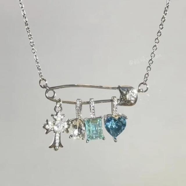 New Pink Blue Cross Zircon paper clip Necklace Female Candy Color Love Pendant Necklace