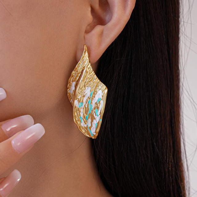 Metal Asymmetrical Pleated Leaf Silver Needle Earrings