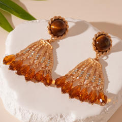 Maillard Style Diamond-encrusted Tiger Eye Crystal Tassel Silver Pin Earrings