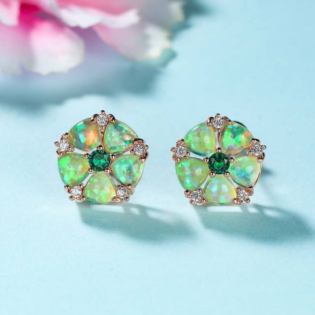 Colorful Opal Green Diamond Flower Earrings Cold Style studs earrings