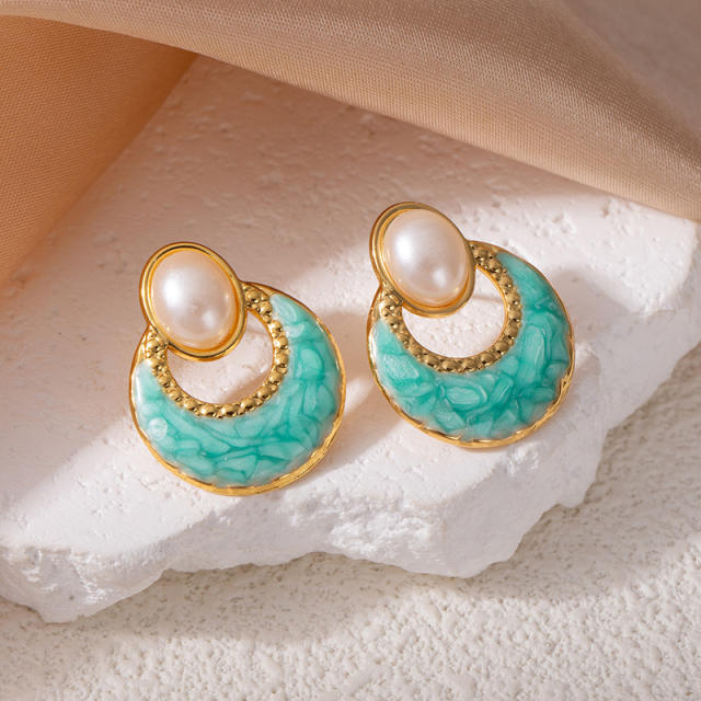French trend vintage hollow out enamel stainless steel earrings