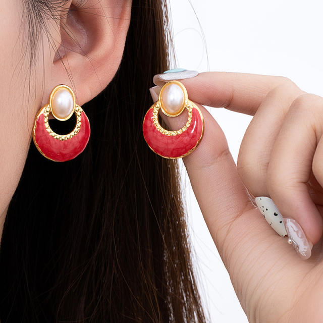 French trend vintage hollow out enamel stainless steel earrings