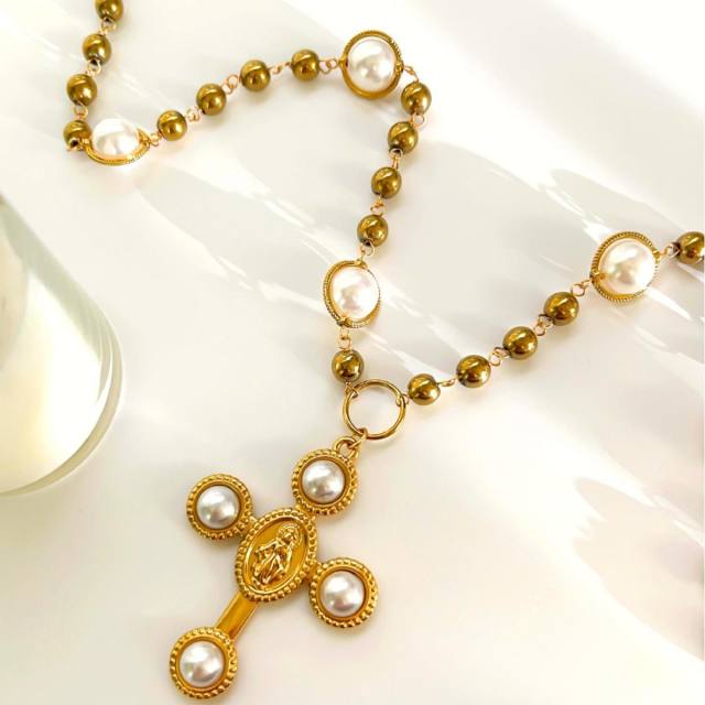 Winter autumn baroque pearl inlaid cross pendant stainless steel necklace