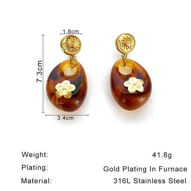 Autumn winter hollow out resin stainless steel flower earrings