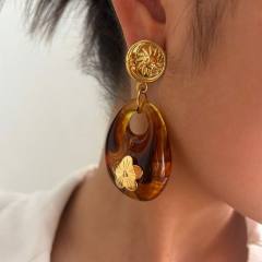Autumn winter hollow out resin stainless steel flower earrings