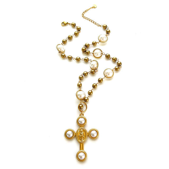 Winter autumn baroque pearl inlaid cross pendant stainless steel necklace