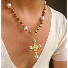 Winter autumn baroque pearl inlaid cross pendant stainless steel necklace