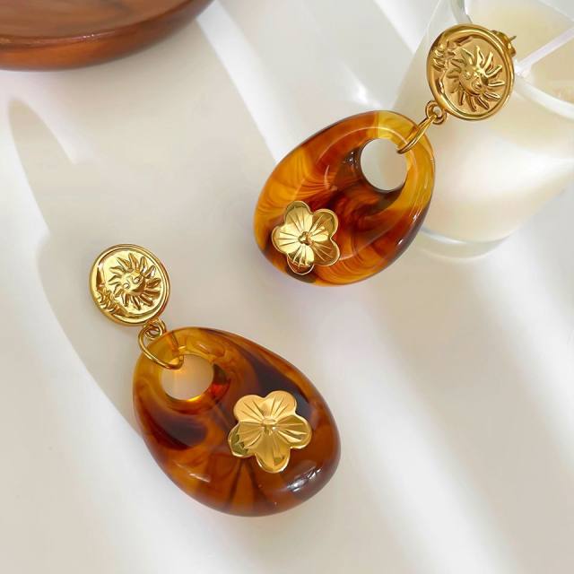 Autumn winter hollow out resin stainless steel flower earrings