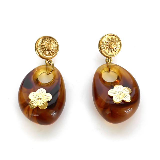 Autumn winter hollow out resin stainless steel flower earrings