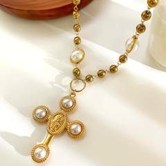 Winter autumn baroque pearl inlaid cross pendant stainless steel necklace