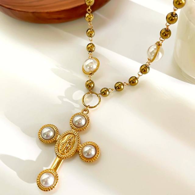 Winter autumn baroque pearl inlaid cross pendant stainless steel necklace