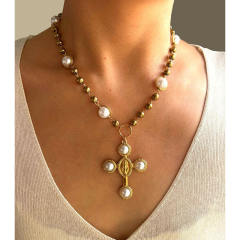 Winter autumn baroque pearl inlaid cross pendant stainless steel necklace
