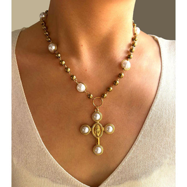Winter autumn baroque pearl inlaid cross pendant stainless steel necklace