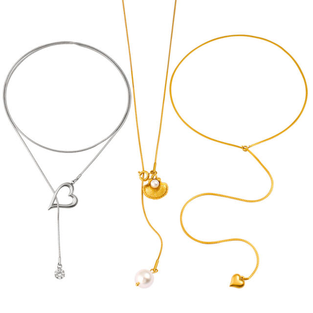 Elegant heart shell charm stainless steel long necklace lariet necklace