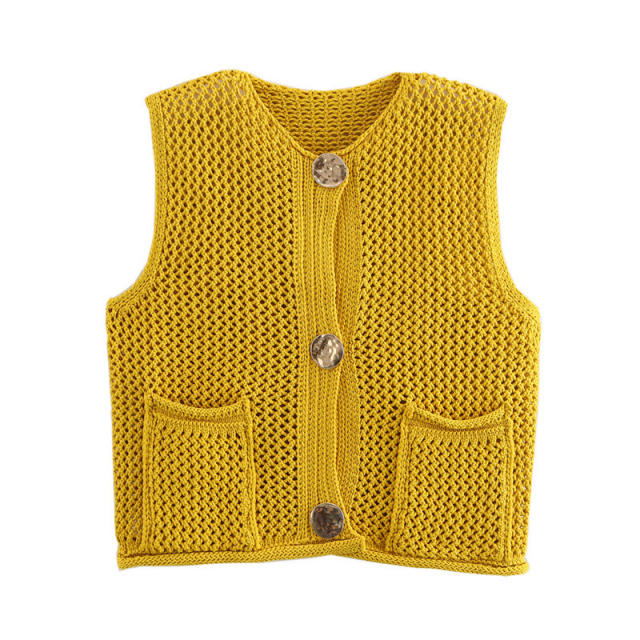 New Solid Color Knitted Vest Cardigan Single-Breasted Copper Button Sweater Sleeveless Pocket Small Jacket for Women