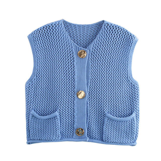 New Solid Color Knitted Vest Cardigan Single-Breasted Copper Button Sweater Sleeveless Pocket Small Jacket for Women