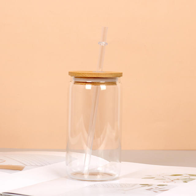 Thickened Frosted Gradient High Borosilicate Glass Jar Water Cup Bamboo Lid Straw Outdoor
