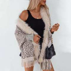 Leopard Print Fur Collar Shawl Knitted Coat Autumn Winter Loose Bat Sleeve Sweater Cape Cardigan for Women