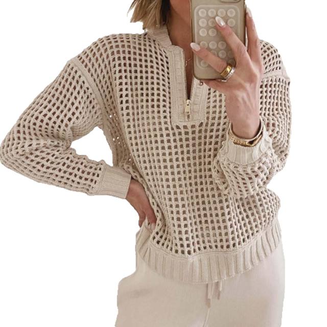 2025 Autumn Fashion Women's Pullover Zipper Half-placket Women's Amazon Hollow Long-sleeved Sweater