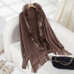 Leopard Print Fur Collar Shawl Knitted Coat Autumn Winter Loose Bat Sleeve Sweater Cape Cardigan for Women