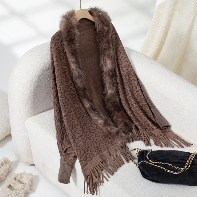 Leopard Print Fur Collar Shawl Knitted Coat Autumn Winter Loose Bat Sleeve Sweater Cape Cardigan for Women