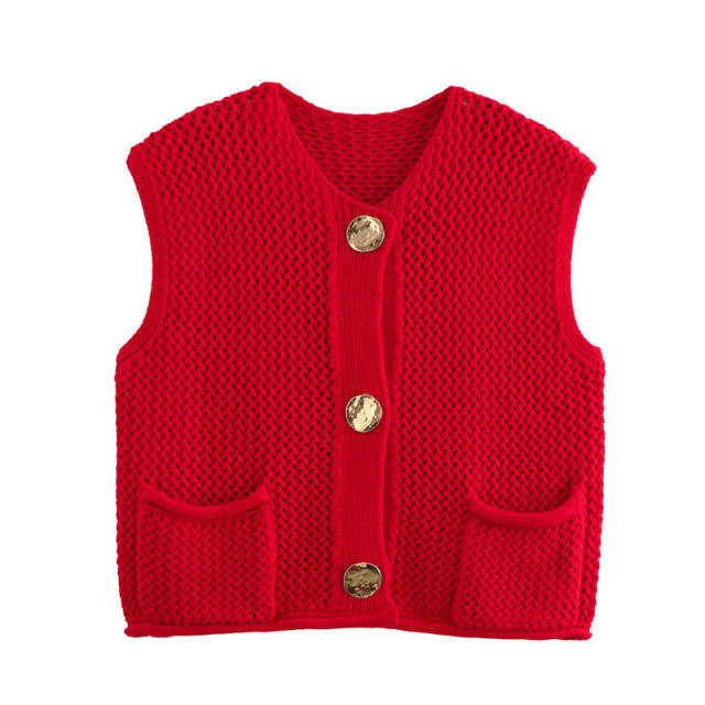 New Solid Color Knitted Vest Cardigan Single-Breasted Copper Button Sweater Sleeveless Pocket Small Jacket for Women